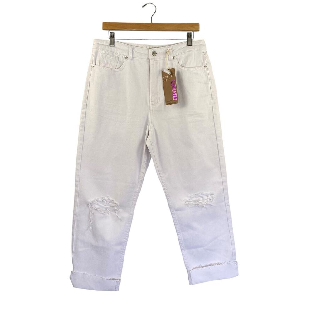 Vanilla Star Juniors‎ Sz 11 Mom Jean White Raw Rolled Cuff Distressed StretchNEW